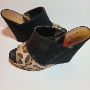 Black and leopard wedge sandals